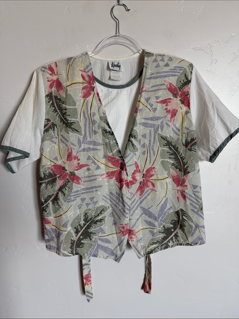 Tropical Floral Button-Front Short Sleeve Shirt - Cream Pink Green